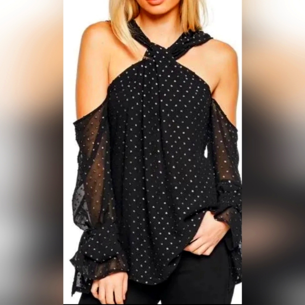 Bardot Boho Black Glitzy Polka Dots Top W/Wrist Ties, Sz. L. 10